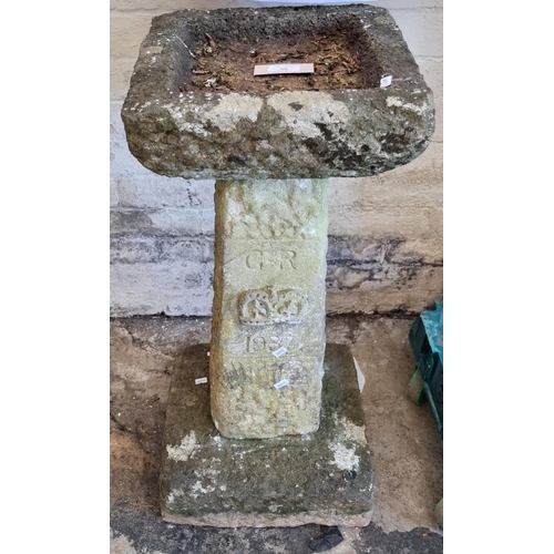 568 - Garden three piece pedestal bird bath marked GR 1937.  (B.P. 21% + VAT)