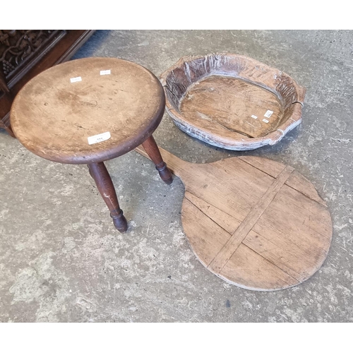 594 - Early 20th century beech milking stool together with a rustic hardwood bowl and a 19th century pine ... 