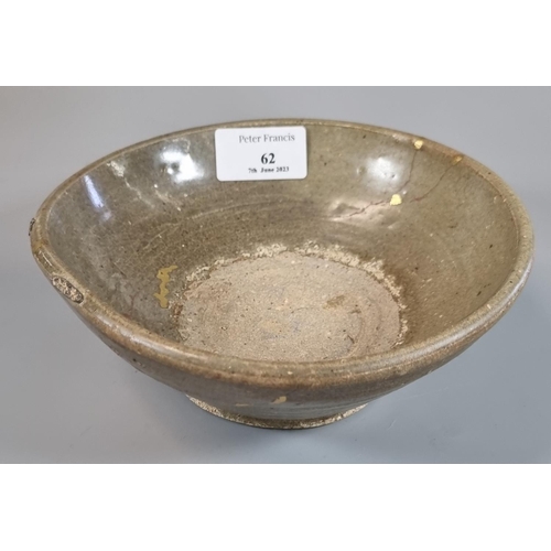 62 - Probably Chinese grey stoneware celadon glazed bowl, Minyao, with Japanese type Kintsugi repairs and... 