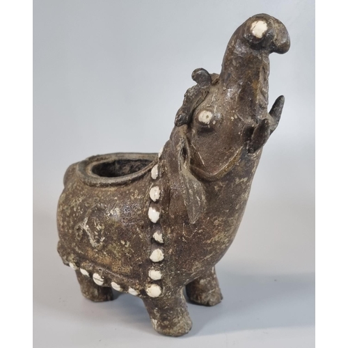 68 - Heavy cast metal incense burner in the form of an elephant with applied hardstone decoration.  19cm ... 