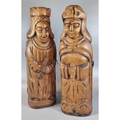 70 - Pair of carved pine term type figures, opening to reveal bottle space.  Modern.  41cm high approx.  ... 