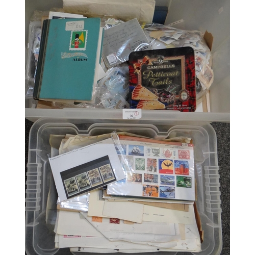 76 - Large quantity of all World stamps on pages, cards, in packets, plastic bags and loose in two large ... 