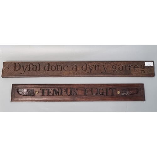 92 - Two carved wooden motto boards, 'Dyfal Donc a Dyr y Garreg' and 'Tempus Fugit', the largest 75cm app... 