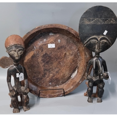 99 - Large hardwood dough kneading parat bowl together with an African hardwood fertility doll and anothe... 