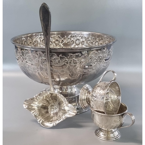 101 - Viners silver plated repoussé floral and foliate punch bowl with two matching cups and ladle.   (B.P... 