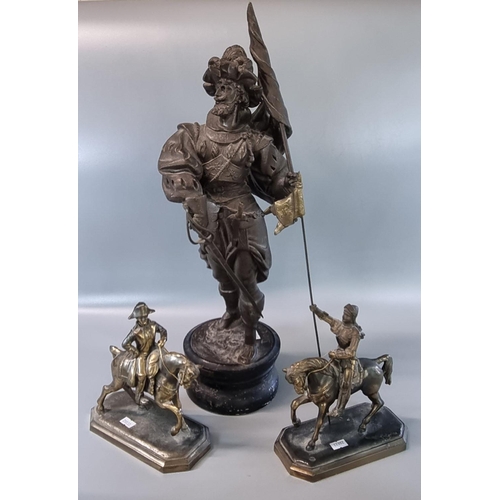 102 - Pair of French cast metal models of Joan of Arc and Napoleon on horseback standing on octagonal base... 