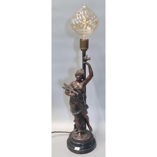 103 - Early 20th century French spelter emblematic female figure with lyre, now converted to electricity a... 