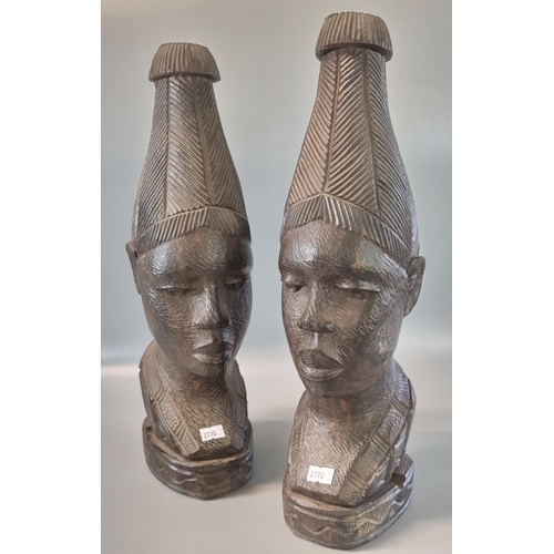 106 - Pair of African tribal lamp base carving heads, possibly of Iyoba Benin Queen Mother.  42cm approx. ... 