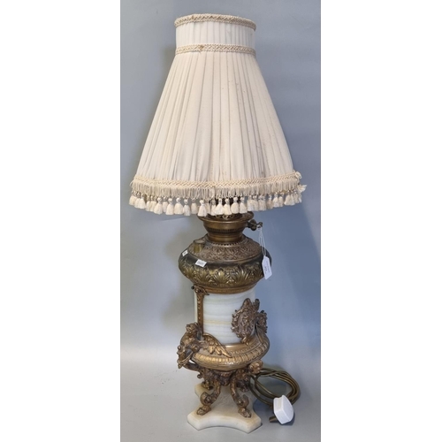 112 - Early 20th century oil lamp base now converted to electricity, having alabaster body and base, with ... 