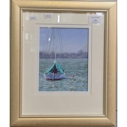 136 - Bill Truslove (British 20th century), 'The Green Awning', study of a moored sailing boat, signed.  P... 