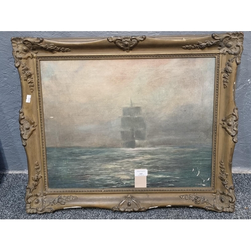 147 - Szvitrnty, clipper ship emerging from the mist, signed.  Oils on canvas.  40x49cm approx.  Framed.  ... 