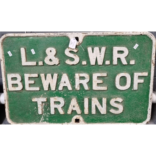 151 - Large L&SWR cast iron railway sign 'Beware of Trains'.  43x66cm approx.  (B.P. 21% + VAT)