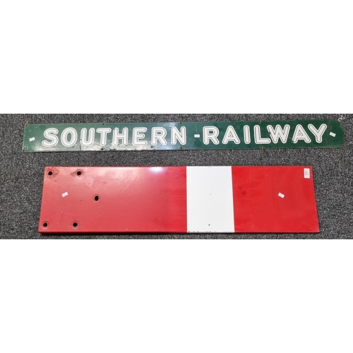 157 - Metal enamelled 'Southern Railway' sign, together with a red and white and black and white signal fi... 