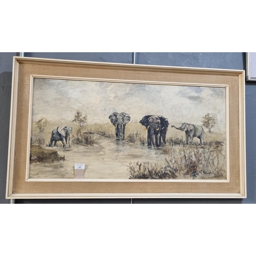 160 - Frank Warren (British 20th century), African Elephants in a landscape, signed and dated 1964.  Oils ... 