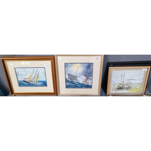 162 - Brian Tarr (20th century), marine studies including three masted sailing yacht, lifeboat scene, moor... 