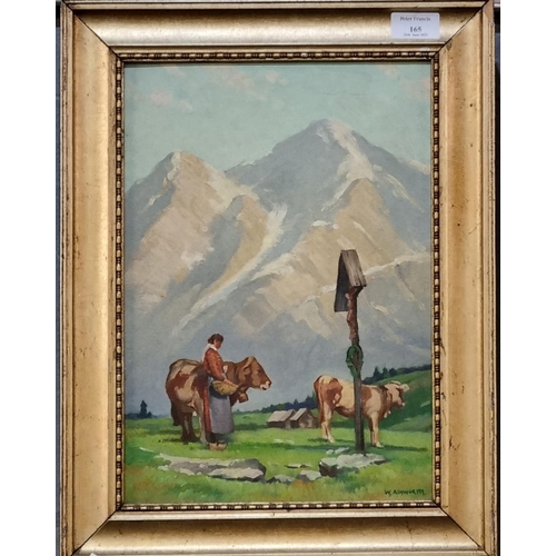 165 - W Ashworth (British early 20th century), Swiss landscape with figure, cattle and shrine, mountains b... 