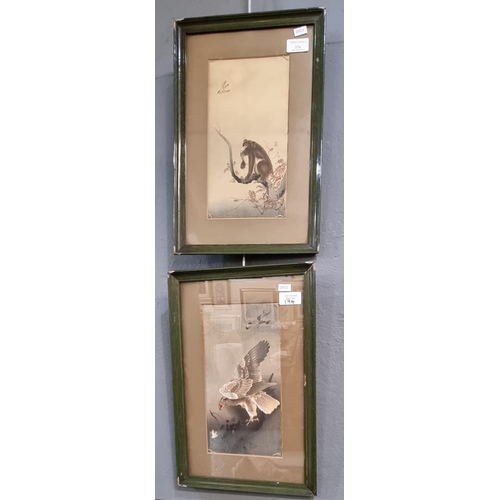 174 - Pair of Japanese prints featuring an Eagle and a Monkey amongst foliage.  27x15cm approx.  Framed.  ... 