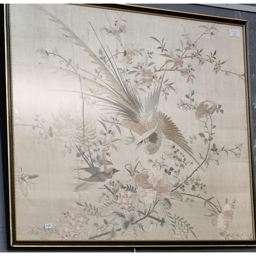 177 - Large Japanese embroidered silk banner depicting fantastic birds amongst foliage.  67x82cm approx.  ... 