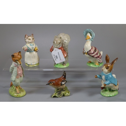 193 - Five Beswick Beatrix Potter figurines together with a Beswick Wren.  (6)  (B.P. 21% + VAT)