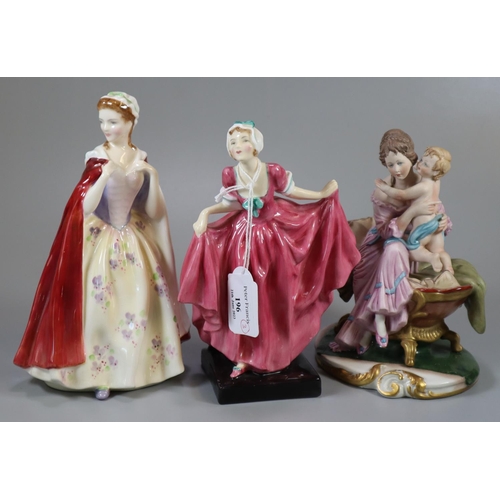 196 - Two Royal Doulton bone china figurines to include: 'Delight' and 'Bess', together with a continental... 