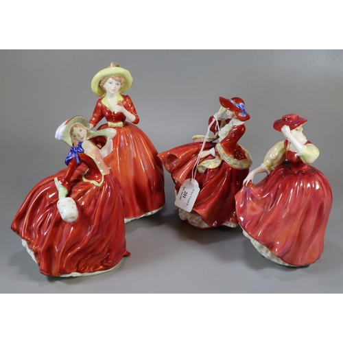 201 - Four Royal Doulton bone china figurines: 'Top 'O the Hill', 'Autumn Breezes' HN1934, 'Buttercup' HN2... 