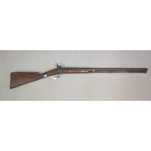 208 - 19th century muzzle loading percussion sporting gun marked  'J Alder (?)', having 68cm Damascus barr... 