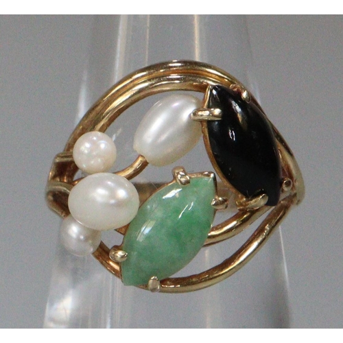 284 - 14ct gold pearl, green and black hardstone dress ring.  Size L.  3.7g approx.  (B.P. 21% + VAT)