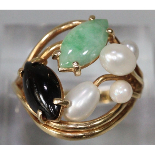 284 - 14ct gold pearl, green and black hardstone dress ring.  Size L.  3.7g approx.  (B.P. 21% + VAT)