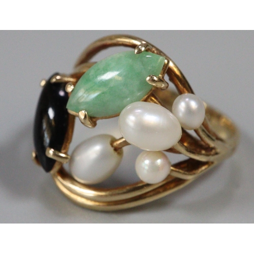 284 - 14ct gold pearl, green and black hardstone dress ring.  Size L.  3.7g approx.  (B.P. 21% + VAT)