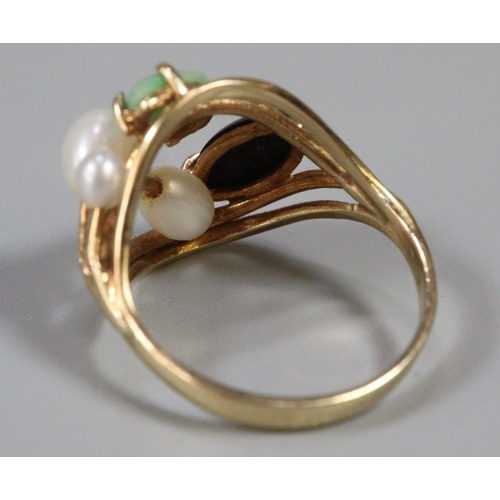 284 - 14ct gold pearl, green and black hardstone dress ring.  Size L.  3.7g approx.  (B.P. 21% + VAT)