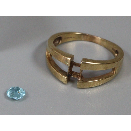 289 - 9ct gold ring with loose aqua coloured stone.  Size P.  3.1g approx.  (B.P. 21% + VAT)