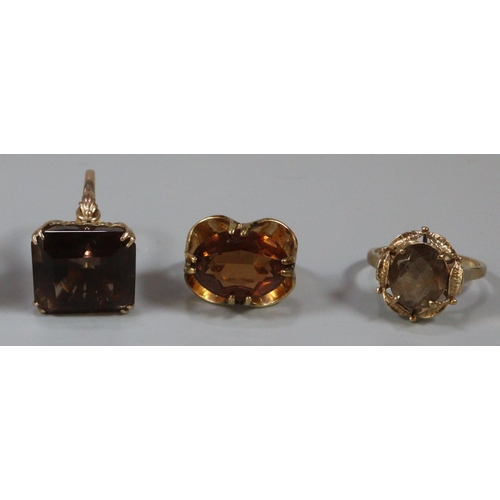 294 - 9ct gold dress ring together with another yellow metal dress ring and  another dress ring the shank ... 