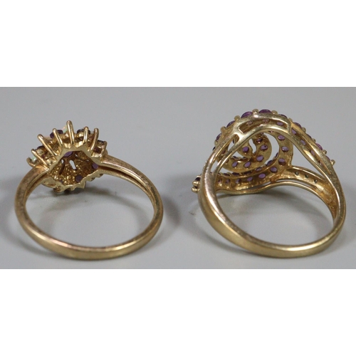 296 - 9ct gold purple and white stone dress ring, together with a 9ct gold flower head ring.  Size M1/2 an... 