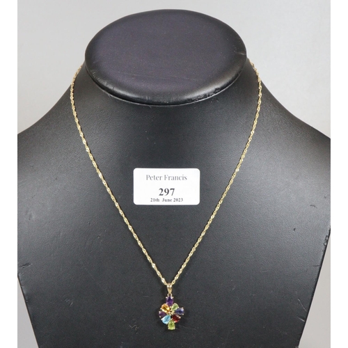 297 - 9ct gold chain with multi coloured stone pendant.  4g approx.  (B.P. 21% + VAT)