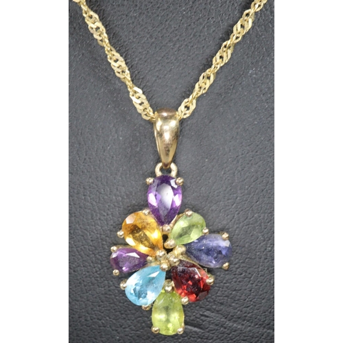 297 - 9ct gold chain with multi coloured stone pendant.  4g approx.  (B.P. 21% + VAT)