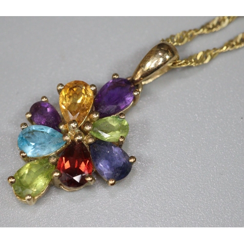 297 - 9ct gold chain with multi coloured stone pendant.  4g approx.  (B.P. 21% + VAT)