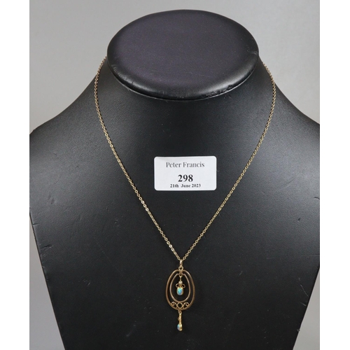 298 - Yellow metal chain with pear shaped pendant with opals and pearl.  3.6g approx.  (B.P. 21% + VAT)