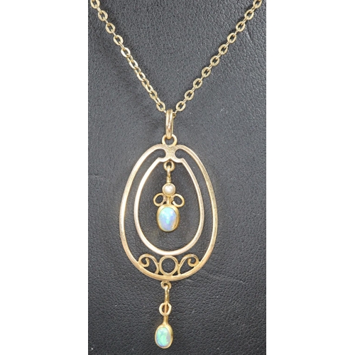 298 - Yellow metal chain with pear shaped pendant with opals and pearl.  3.6g approx.  (B.P. 21% + VAT)