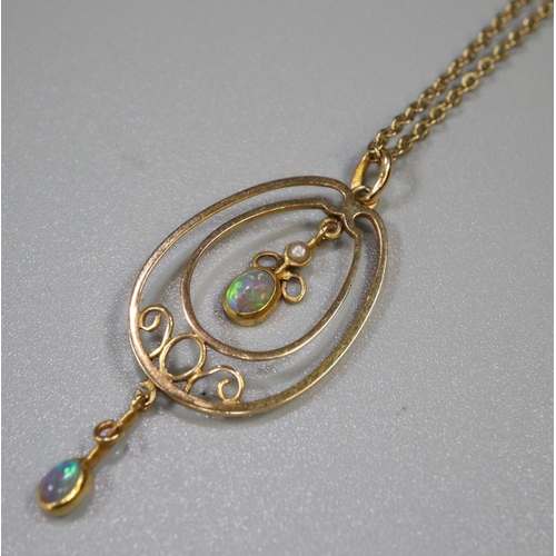 298 - Yellow metal chain with pear shaped pendant with opals and pearl.  3.6g approx.  (B.P. 21% + VAT)