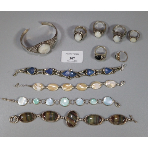 307 - Collection of silver and other jewellery: dress rings, bangle, stone bracelet etc. (B.P. 21% + VAT)