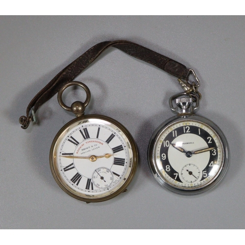 311 - Silver plated open faced pocket watch, Railway Timekeeper, Brown & Co. Special lever, together with ... 