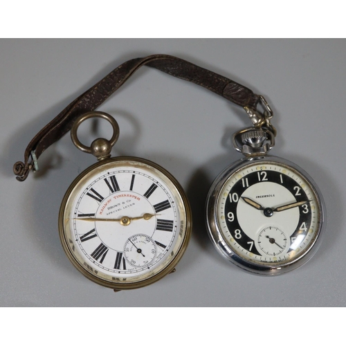 311 - Silver plated open faced pocket watch, Railway Timekeeper, Brown & Co. Special lever, together with ... 