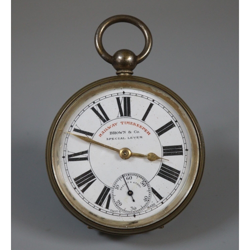 311 - Silver plated open faced pocket watch, Railway Timekeeper, Brown & Co. Special lever, together with ... 