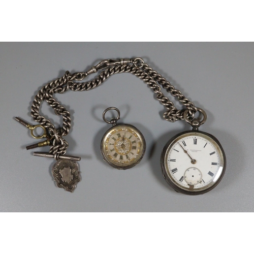 312 - Silver open faced pocket watch marked 'S Kaltenbach Neath' on silver T bar chain with silver fob and... 