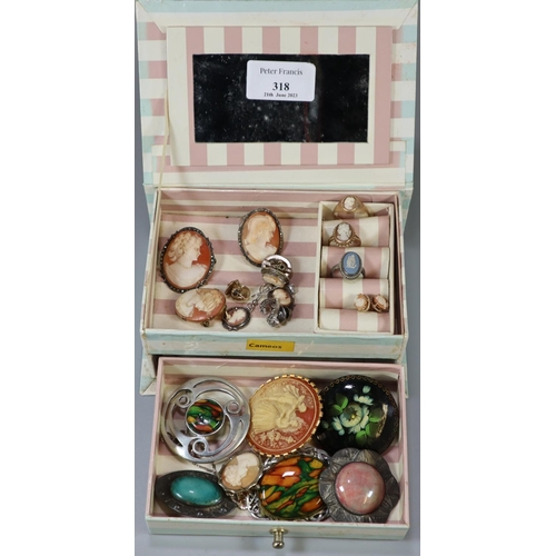 318 - Jewellery box comprising assorted cameo jewellery: brooches, earrings 9ct gold rings and earrings et... 