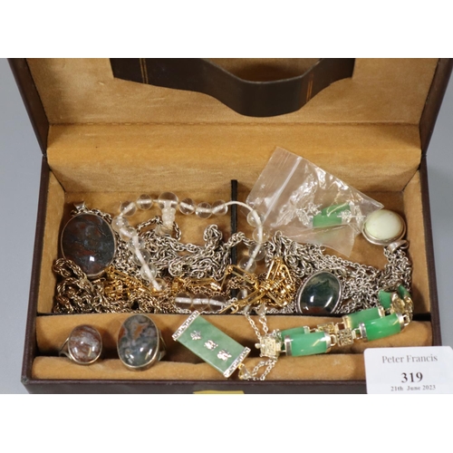 319 - Jewellery box comprising assorted silver and other jewellery: Chinese chain with green hardstone fob... 