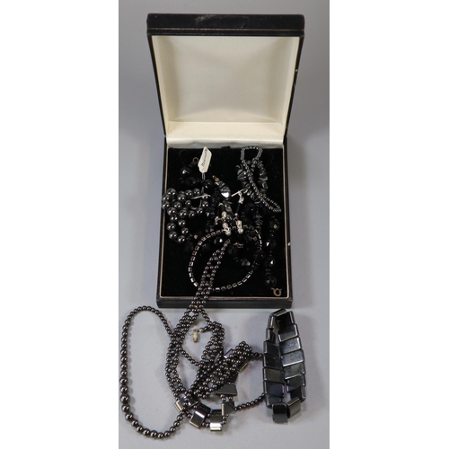 322 - Collection of black and grey costume jewellery, Hematite, Jet style beaded necklace etc.  (B.P. 21% ... 