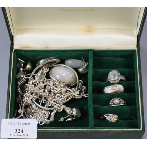 324 - Jewellery box of assorted mainly silver and Moonstone jewellery: dress rings, earrings, pendants on ... 