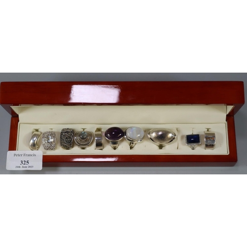 325 - Ring box of assorted silver dress rings with hardstones, cabochon stones etc.  (10).  (B.P. 21% + VA... 