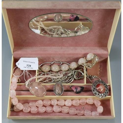 328 - Jewellery box comprising rose quartz and other silver jewellery to include: dress rings, bracelets, ... 